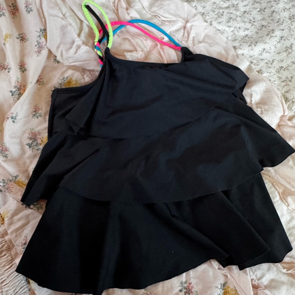 Justice Black Tankini Bikini top with Neon Straps 10